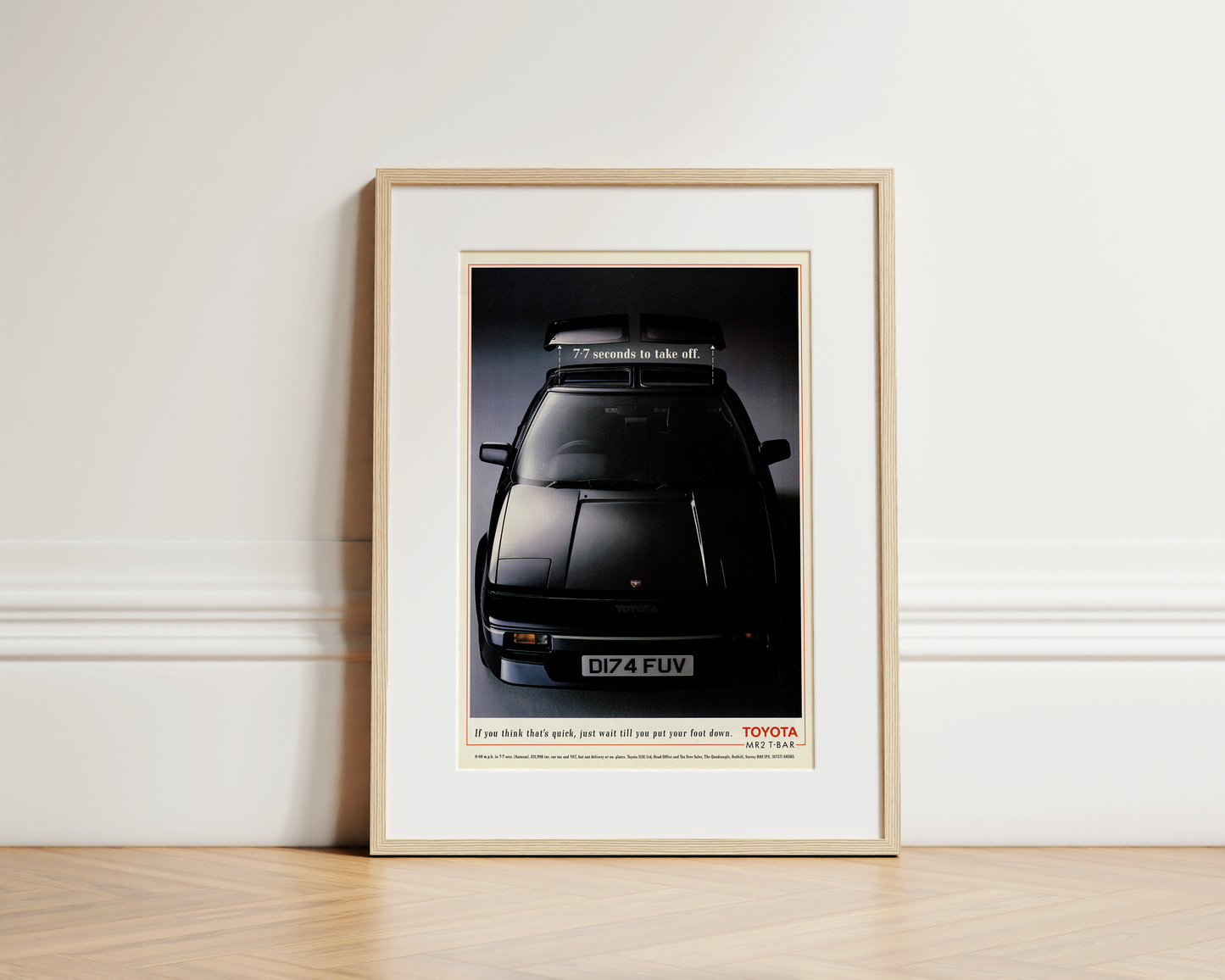 RARE Toyota MR2 T-Bar – “7.7 seconds to take off” Original rare vintage advertisement framed print